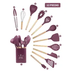 YOLIKITCHEN - Set Utensilios Cocina Silicona 12 Piezas c/Mango Madera. Antiadherente,Resistente Calor,Organizador.