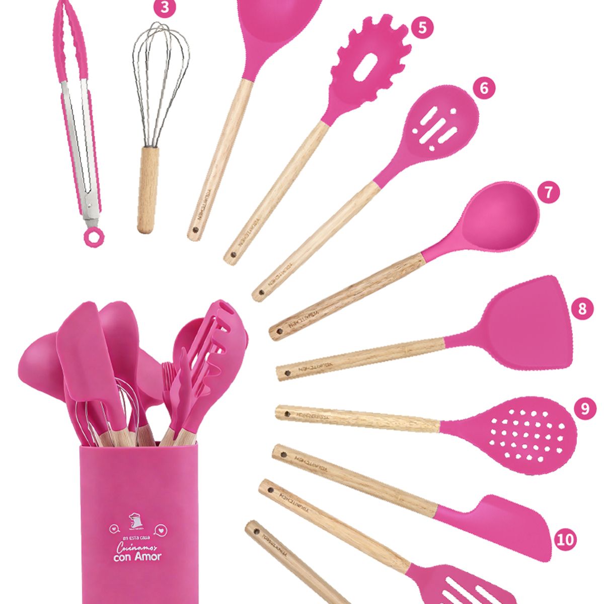 YOLIKITCHEN - Set Utensilios Cocina Silicona 12 Piezas c/Mango Madera. Antiadherente,Resistente Calor,Organizador.