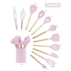 YOLIKITCHEN - Set Utensilios Cocina Silicona 12 Piezas c/Mango Madera. Antiadherente,Resistente Calor,Organizador.