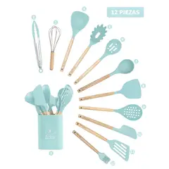 YOLIKITCHEN - Set Utensilios Cocina Silicona 12 Piezas c/Mango Madera. Antiadherente,Resistente Calor,Organizador.