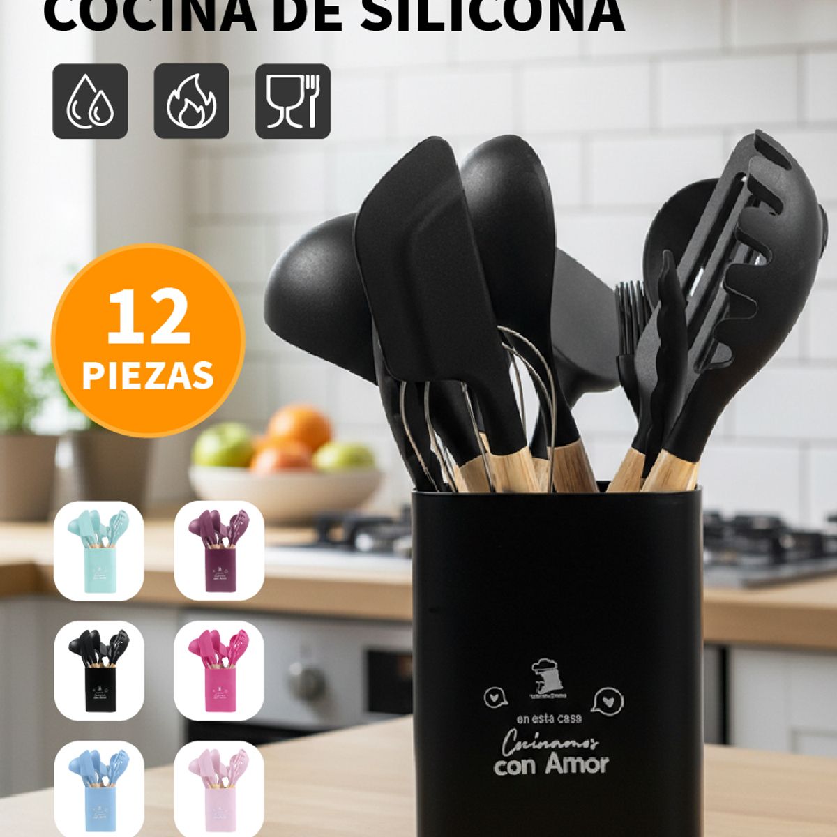 YOLIKITCHEN - Set Utensilios Cocina Silicona 12 Piezas c/Mango Madera. Antiadherente,Resistente Calor,Organizador.