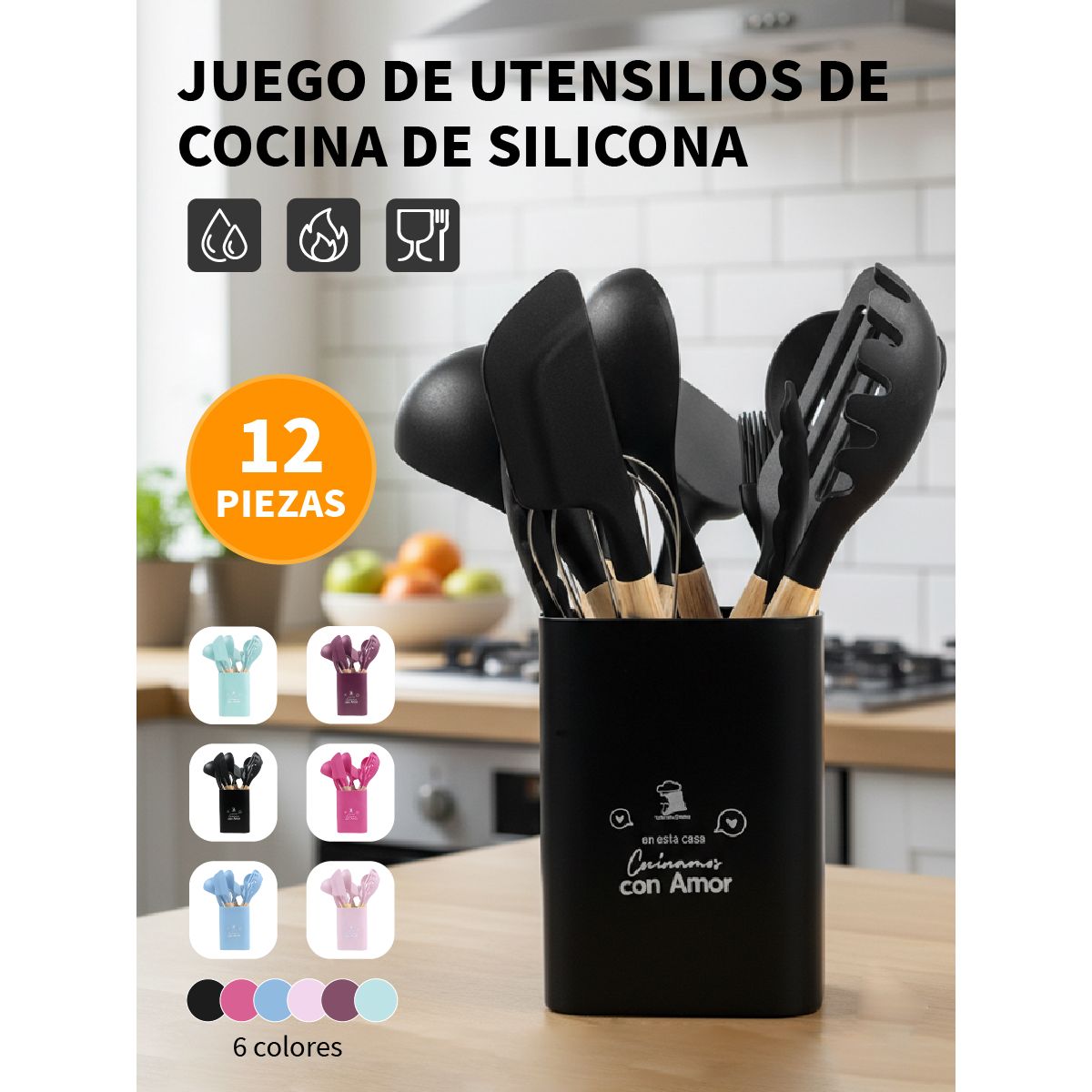 YOLIKITCHEN - Set Utensilios Cocina Silicona 12 Piezas c/Mango Madera. Antiadherente,Resistente Calor,Organizador.