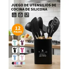 YOLIKITCHEN - Set Utensilios Cocina Silicona 12 Piezas c/Mango Madera. Antiadherente,Resistente Calor,Organizador.