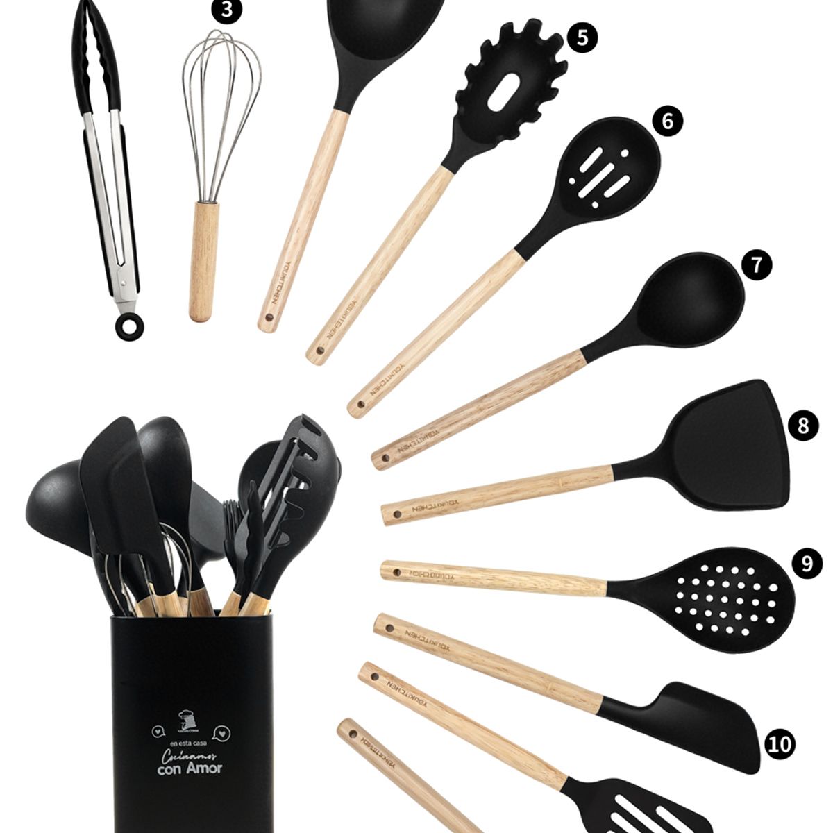 YOLIKITCHEN - Set Utensilios Cocina Silicona 12 Piezas c/Mango Madera. Antiadherente,Resistente Calor,Organizador.