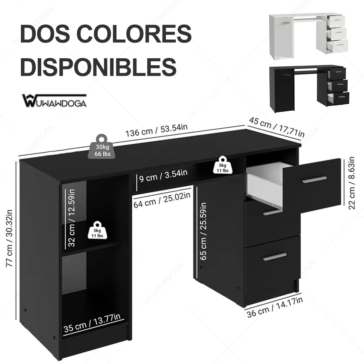 WUWAWDOGA - Escritorio De Oficina Modernos Gamer Computadora Con Enchufe Blanco 136x77x45cm