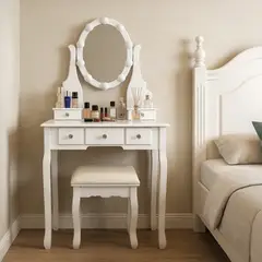 ELEMENT DESIGN - Tocador con espejo iluminado y taburete acolchado blanco