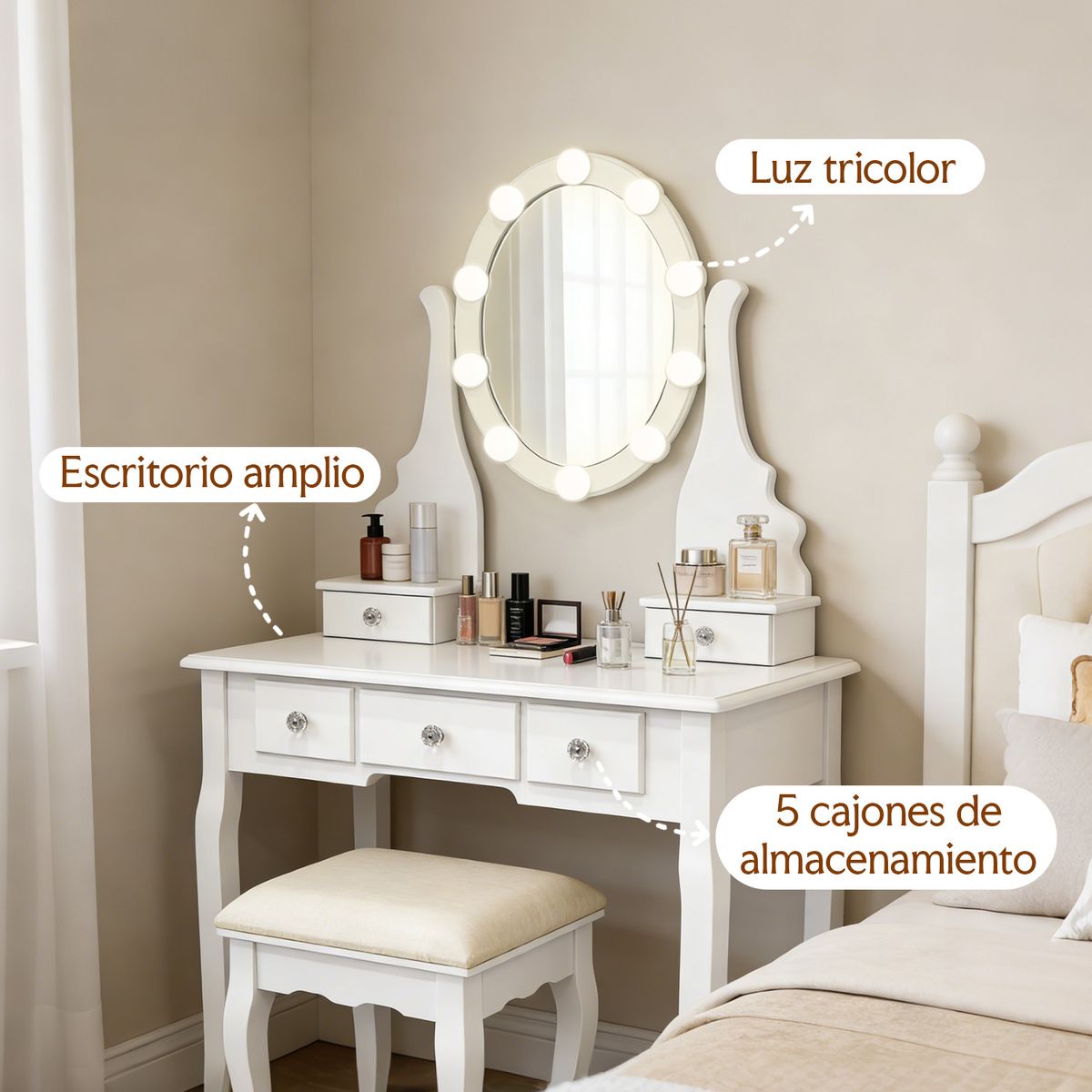 ELEMENT DESIGN - Tocador con espejo iluminado y taburete acolchado blanco