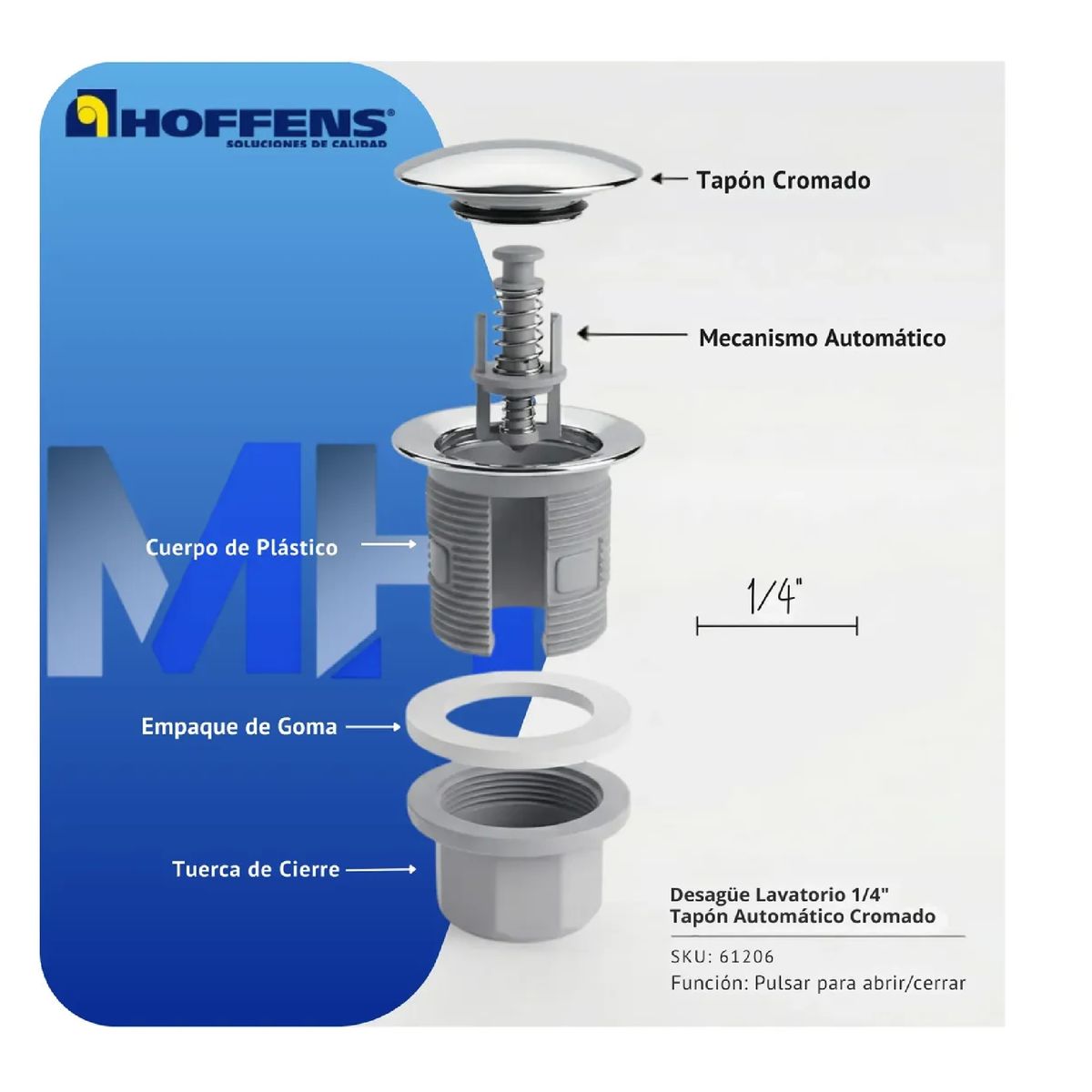 HOFFENS - Desague Lavatorio 1 1/4 Tapon Automatico Push Cromado