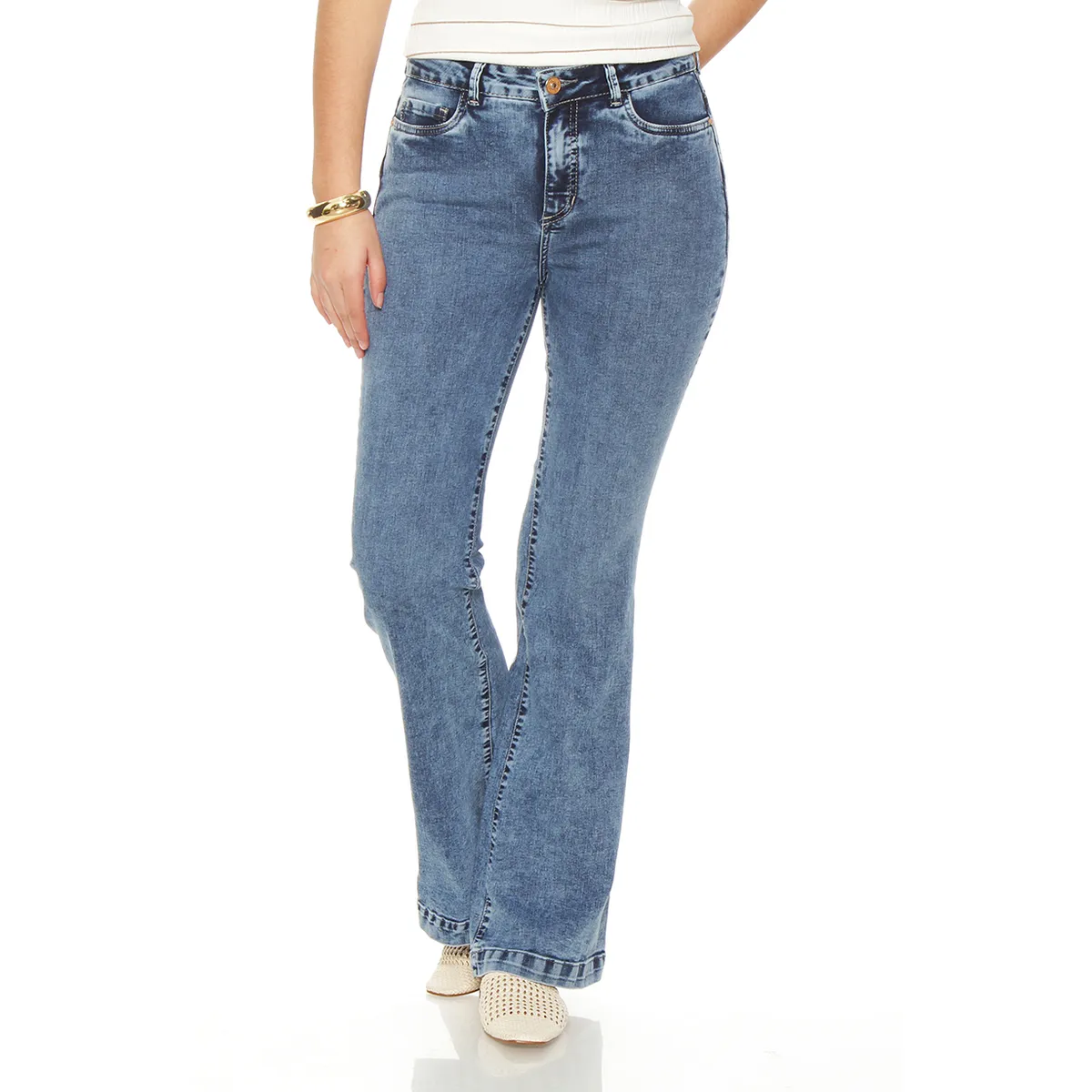 WADOS - JEANS MUJER FLARE TIRO ALTO PRETINA BASICA UN BOTON PUSH UP