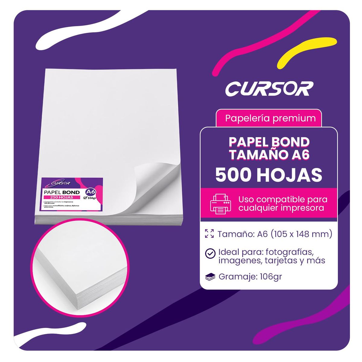 CURSOR - PAPEL BOND 106G A6 500H CURSOR - Blanco