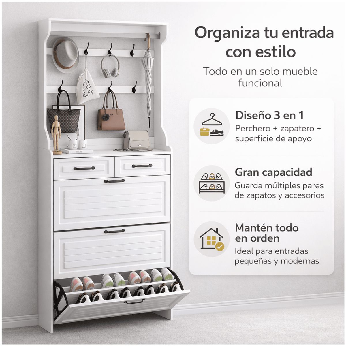 HOMER DESIGN - Zapatero Con Perchero Y Ganchos Organizador Entrada 24 pares
