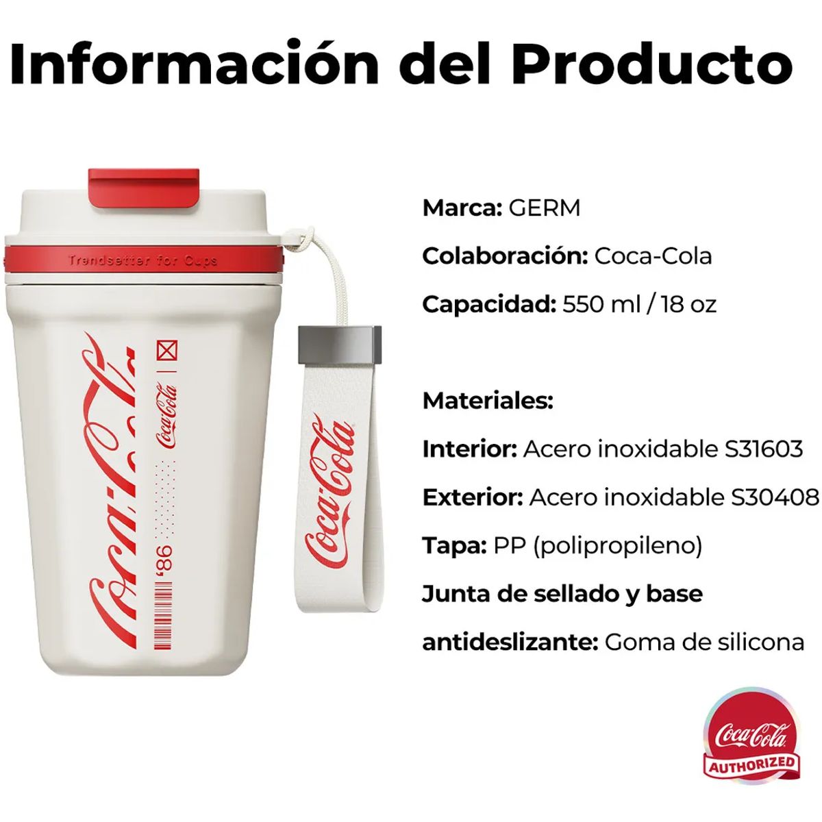 GERM - COCA COLA Germ Termo Taza de Café Frío O Caliente Vaso Térmico, 550ML Blanco