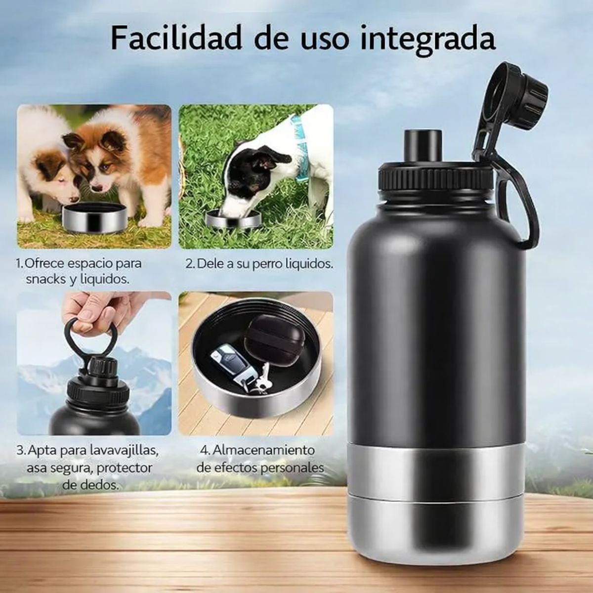 GENERICO - Botella Térmica Hidro-snack Mascota Acero Inoxidable + Bowls