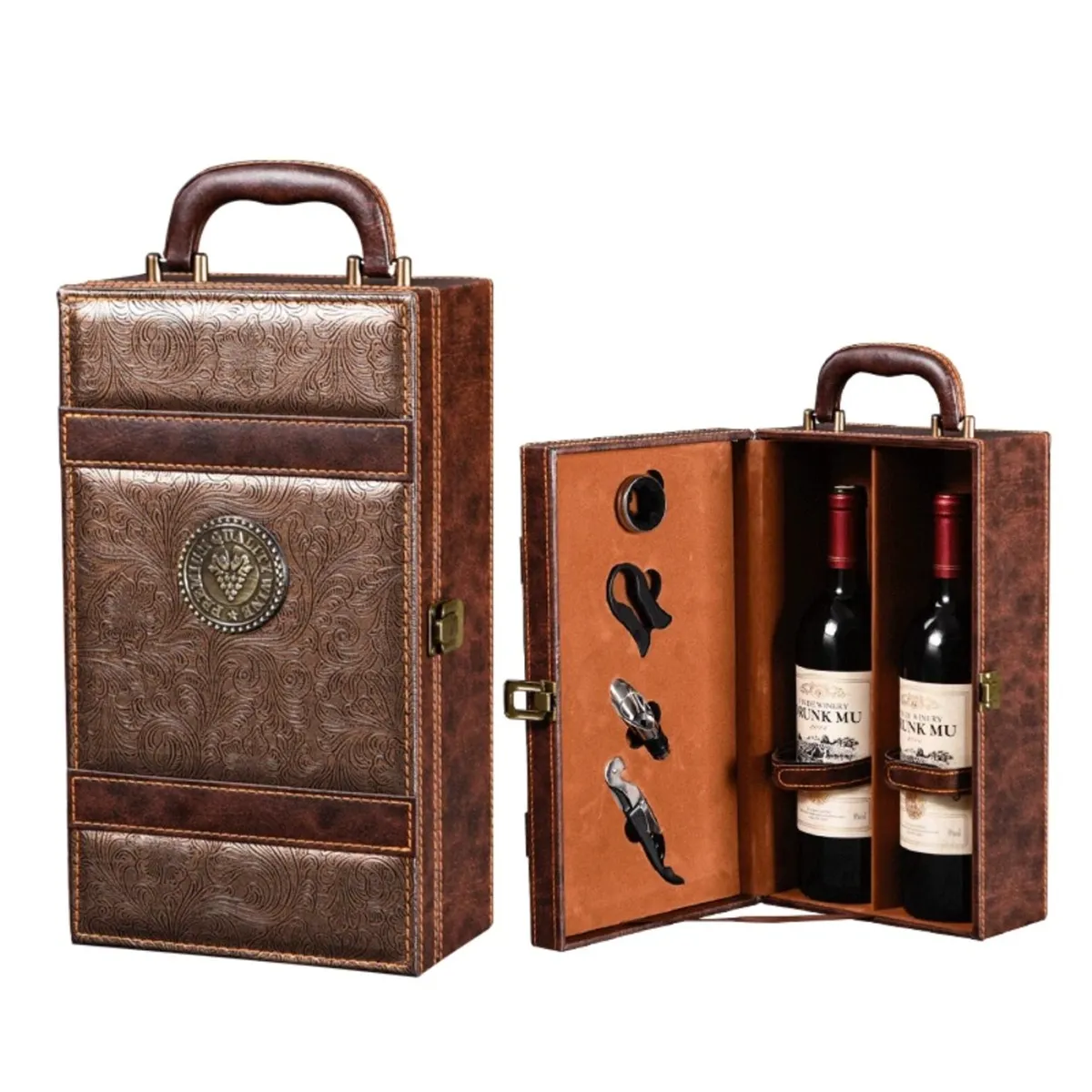 GENERICO - Caja Para Vinos Maleta De Cuero Regalo Con Accesorios