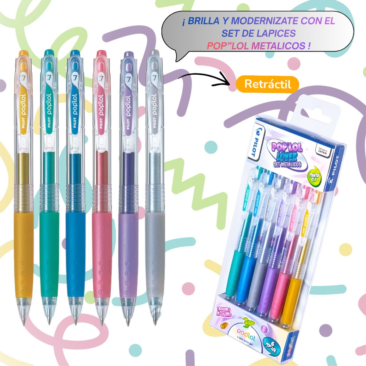 PILOT - Lápices Tinta Gel 0.7mm Pilot Pop'lol Lover Set 6 Metálicos