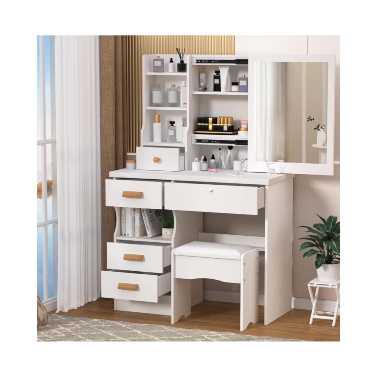GENERICO - Tocador Con Taburete Blanco Y Espejo 138x80x40cm Cod-3136