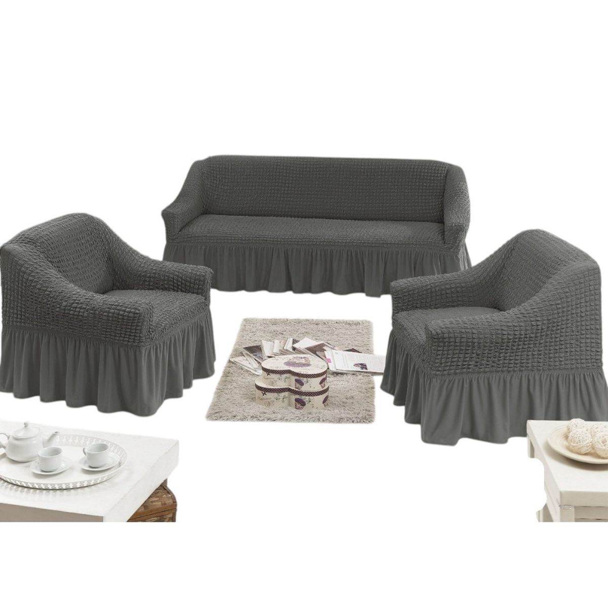 GENERICO - Fundas Para Cubre sillones Turco Juego Completo 3+1+1 Gris
