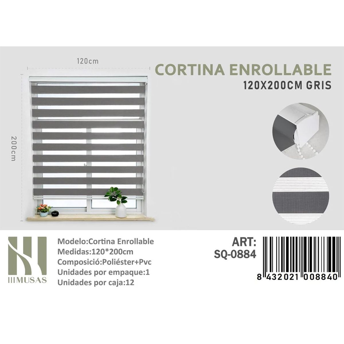 GENERICO - Cortina Roller Duo lisa 120 x 200 Color Gris