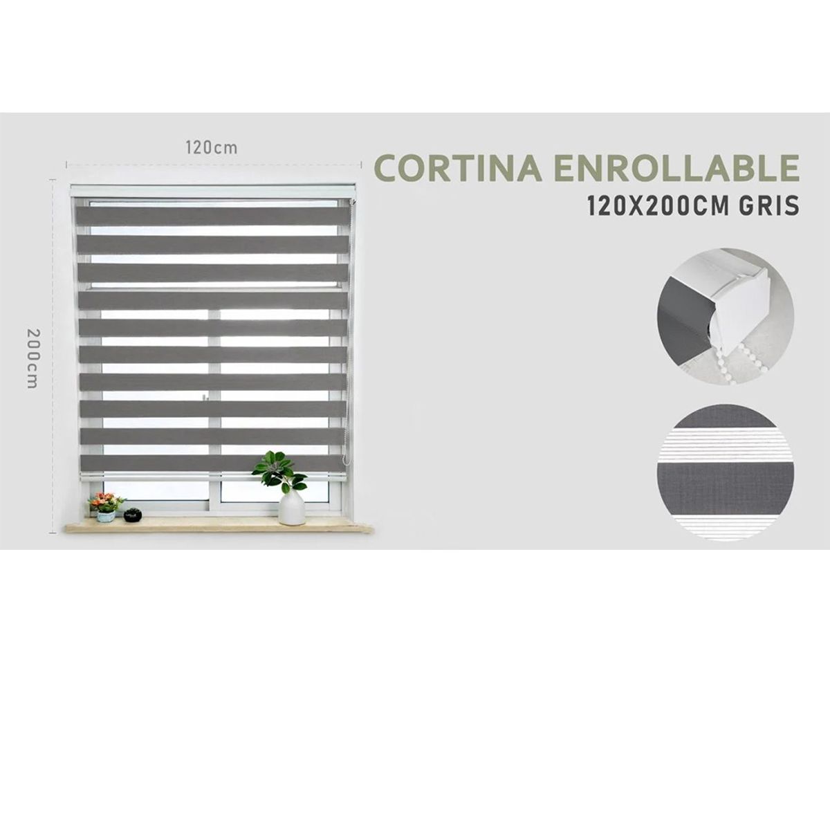 GENERICO - Cortina Roller Duo lisa 120 x 200 Color Gris