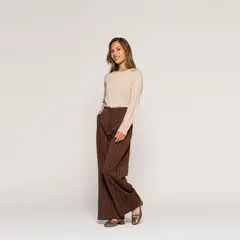 LUDOVICA - Polera Elvira Beige Ajustada Cuello Alto Manga Larga