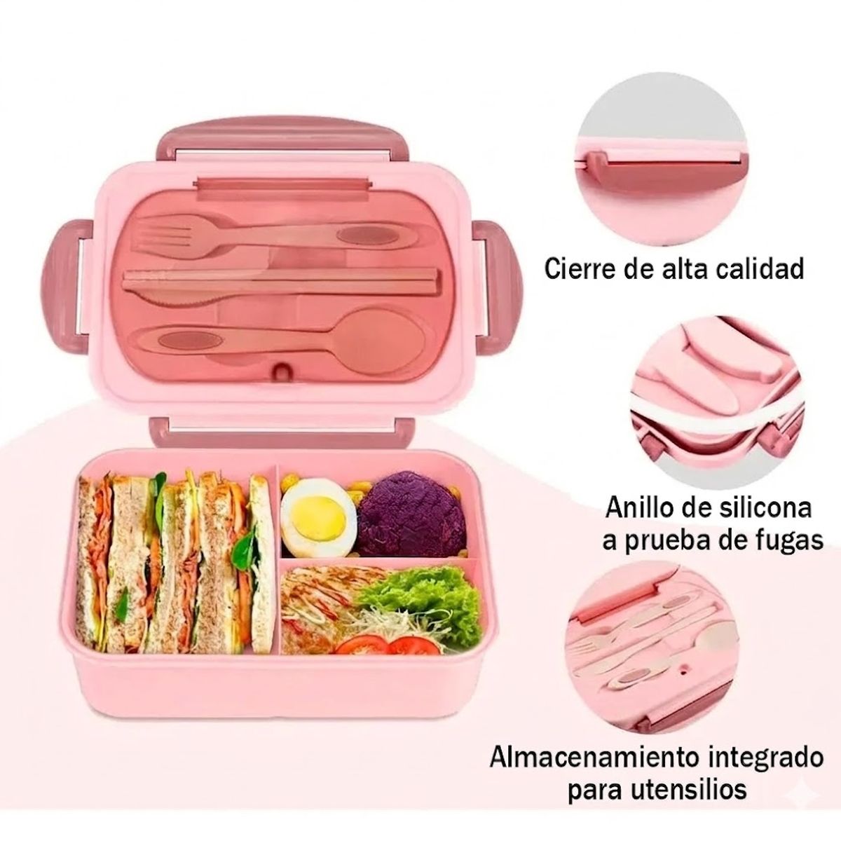 GENERICO - Taper Hermico Para Comidas Contenedor + Cubiertos Rosa