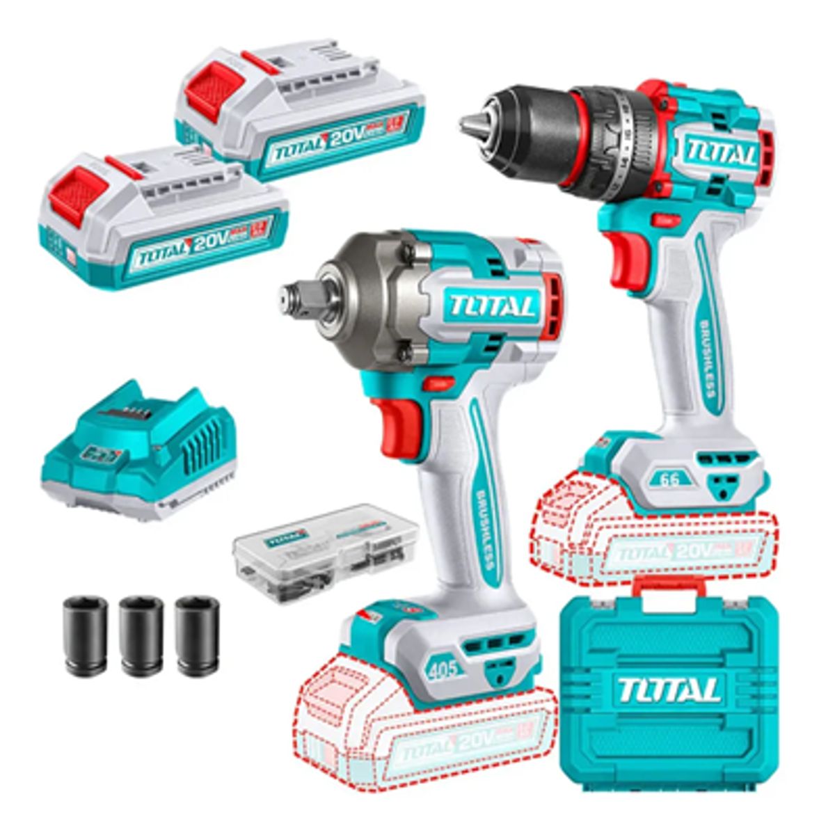 TOTAL TOOLS - Kit Taladro Percutor 66nm + Llave Impacto 405nm 20v Total TCKLI20286