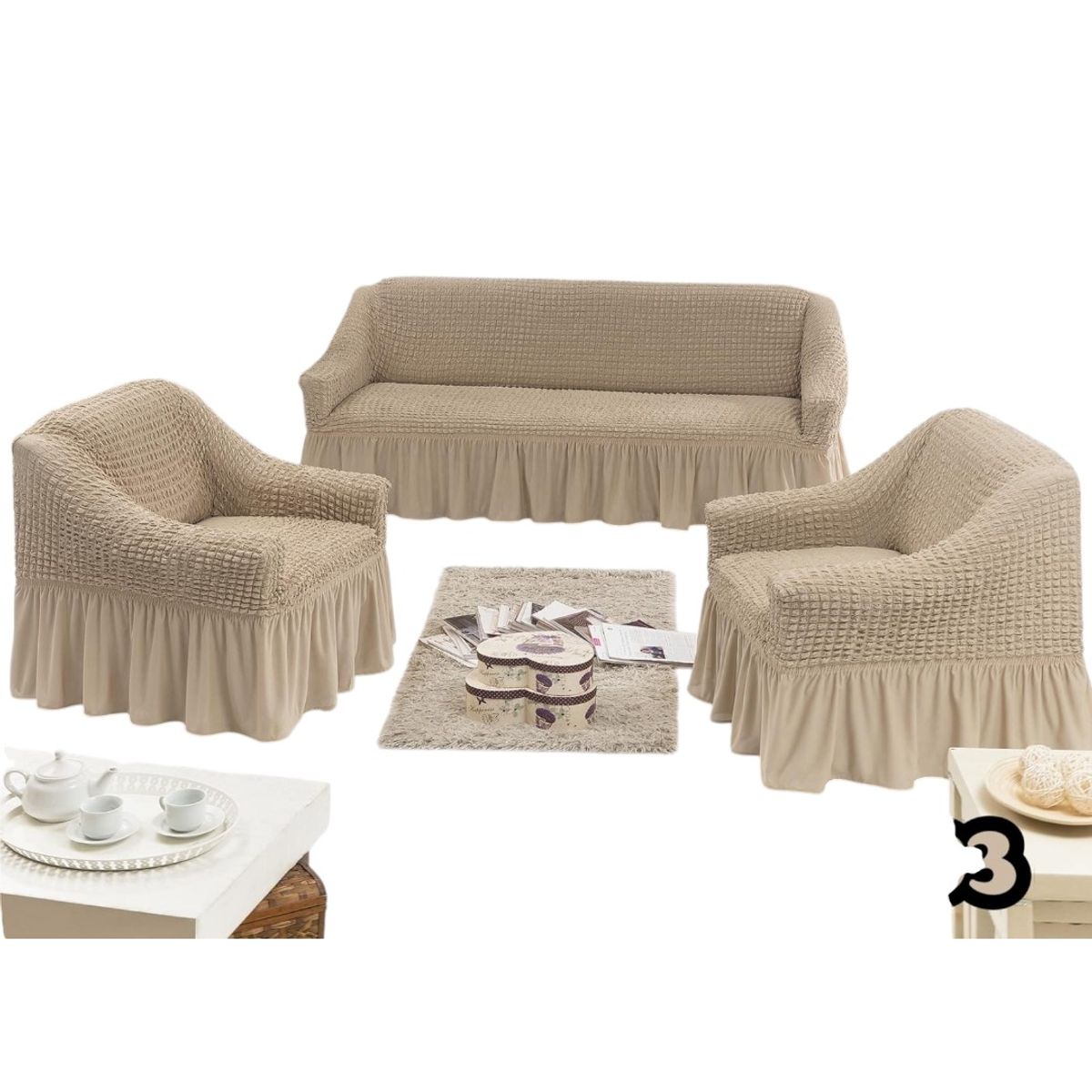 GENERICO - Fundas Para Cubre sillones Turco Juego Completo 3+1+1 Beige
