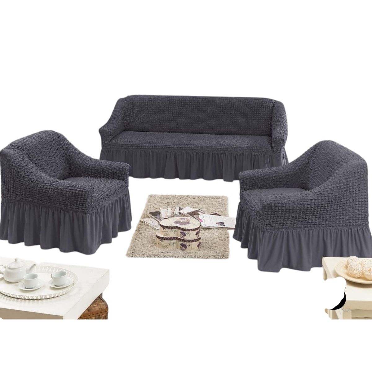 GENERICO - Fundas Para Cubre sillones Turco Juego Completo 3+1+1 Gris Oscuro