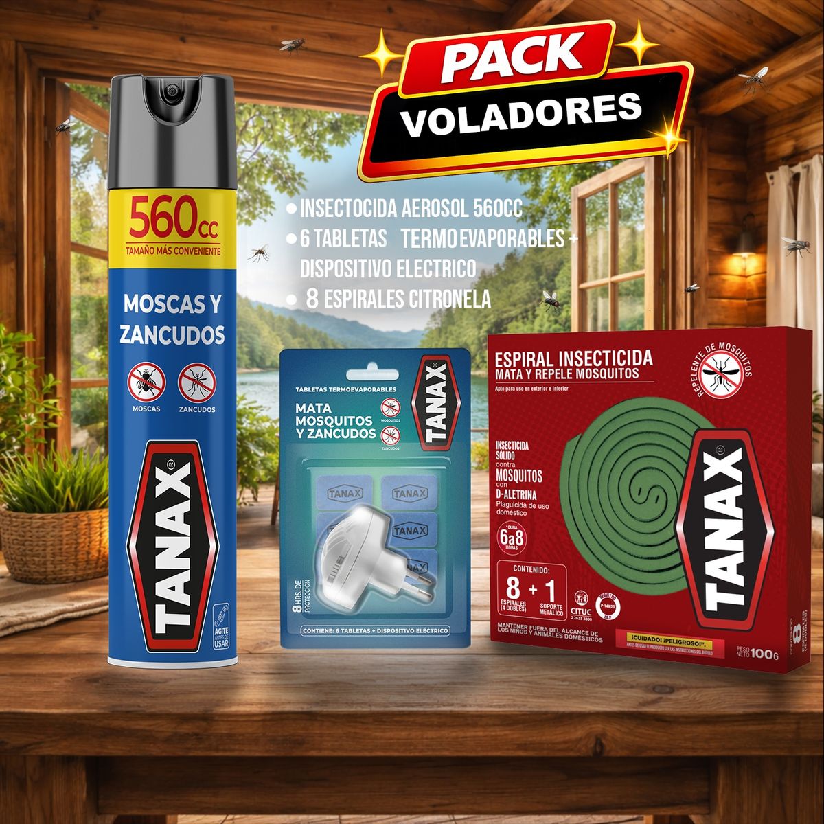 TANAX - Mata Moscas y Zancudos Tanax Pack Insecticida + Termoevaporador + Espiral