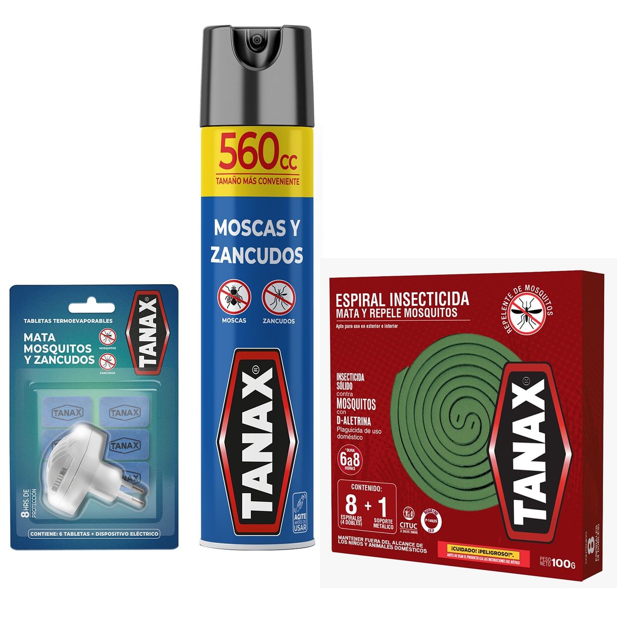 TANAX - Mata Moscas y Zancudos Tanax Pack Insecticida + Termoevaporador + Espiral