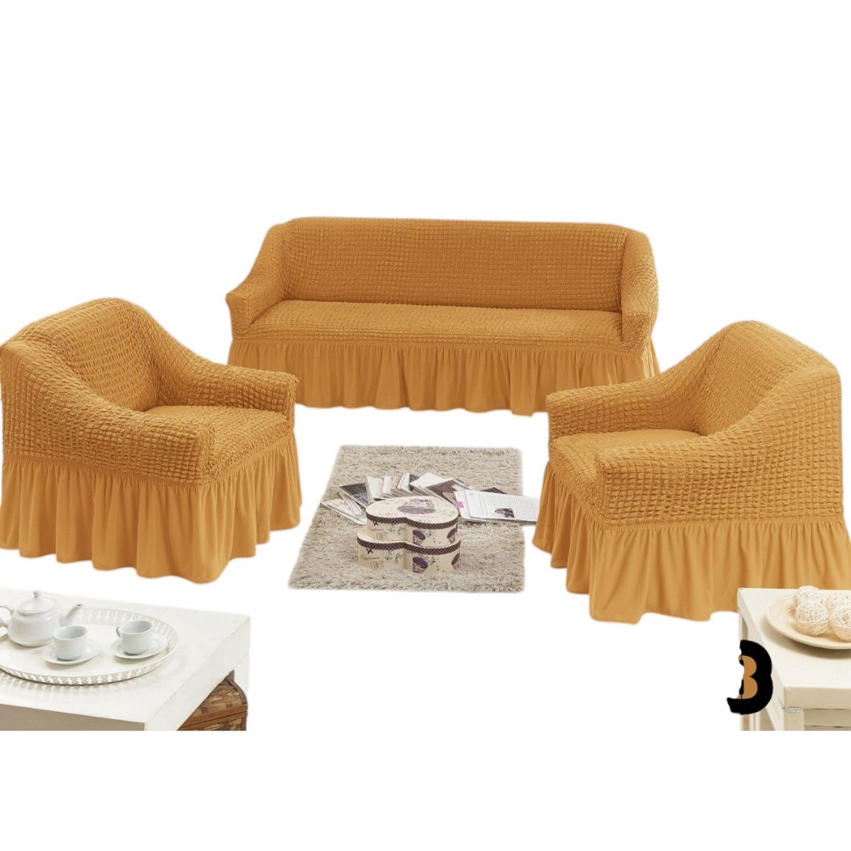 GENERICO - Fundas Para Cubre sillones Turco Juego Completo 3+1+1 Mostaza