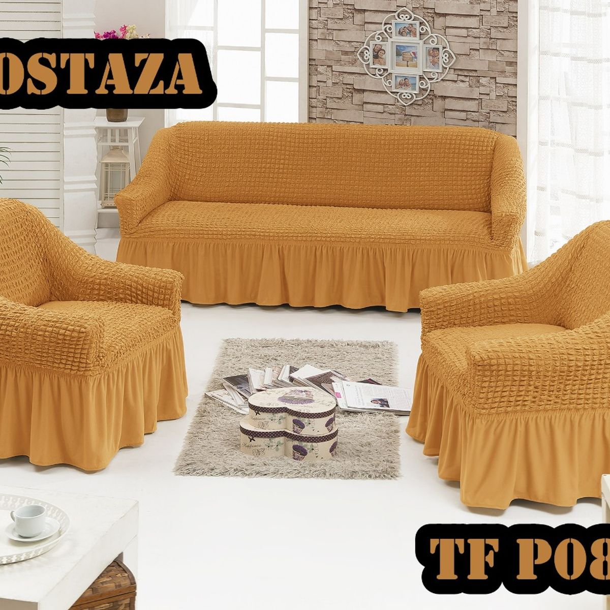 GENERICO - Fundas Para Cubre sillones Turco Juego Completo 3+1+1 Mostaza