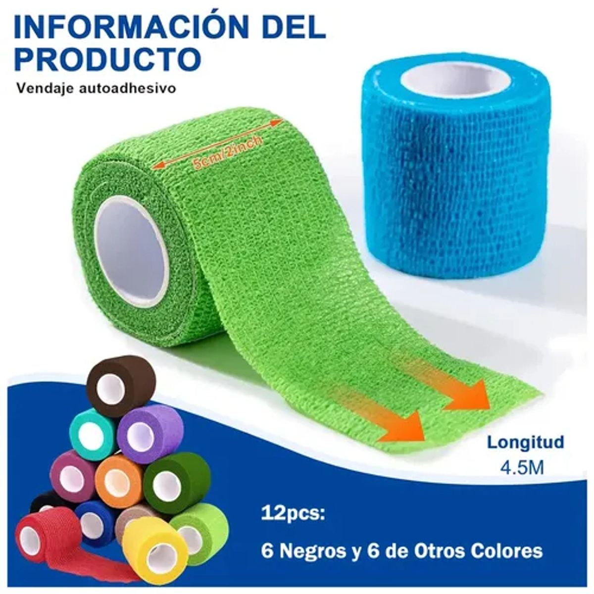 EVERSOLO - Pack 12 Venda Autoadherente Cinta Vendaje Deportes 7.5cm X 4.5m