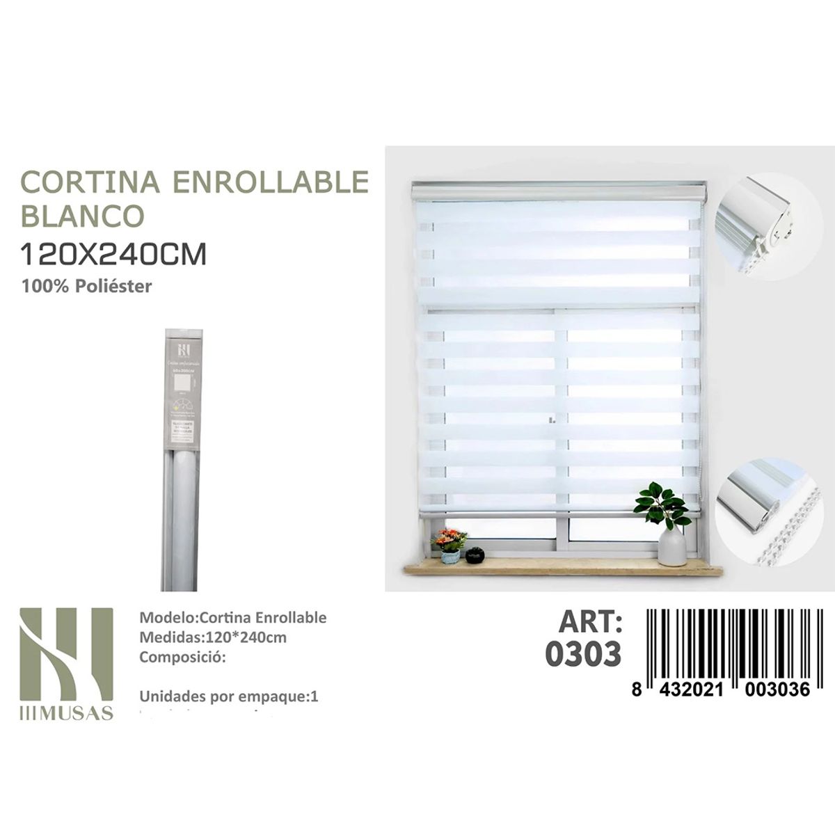 GENERICO - Cortina Roller Duo Lisa  120 x 240  Cm color Negro