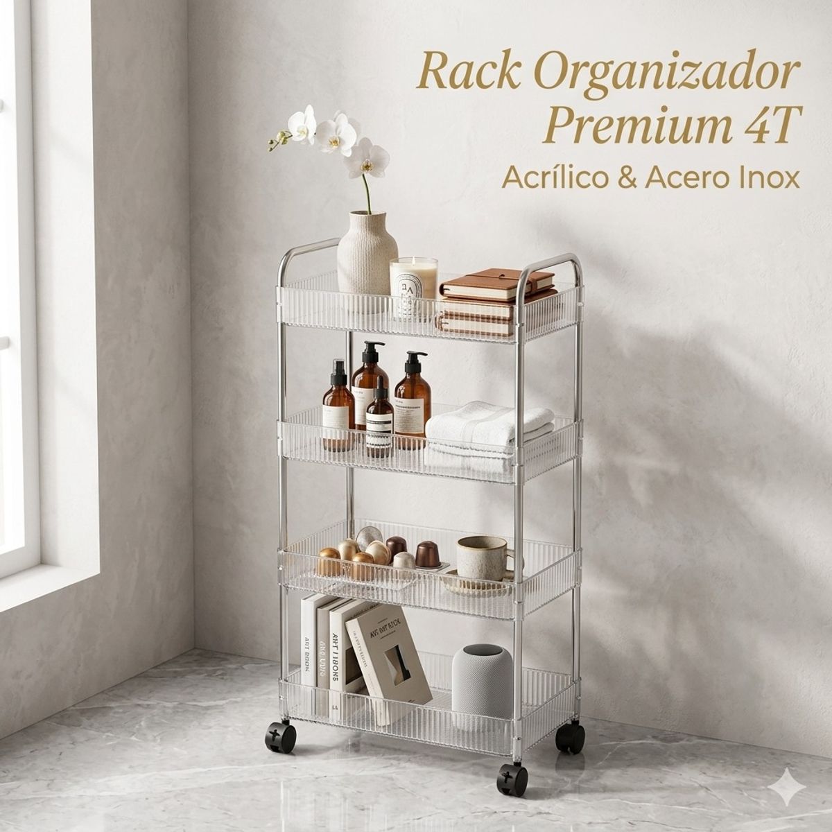 GENERICO - Rack Organizador 4 Niveles Acrílico & Acero Inox Premium