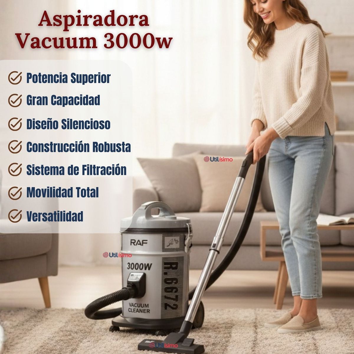 RAF - Aspiradora Vacuum Ciclónica Succión Fuerte 3000w Potente 25 Litros