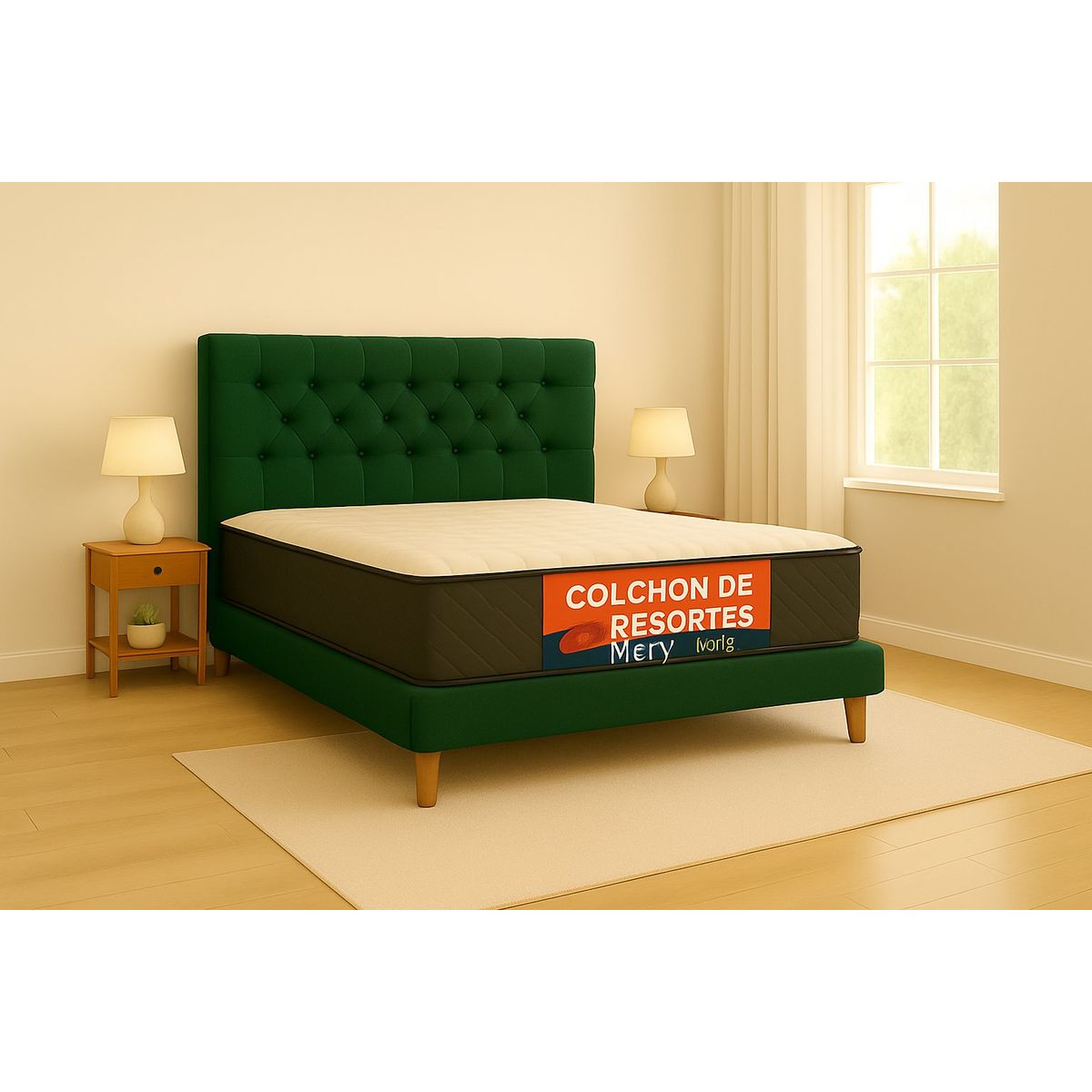 GENERICO - Cama Plaza y Media Verde Botella Tapizada en Lino Capitone con Colchón Mery Design