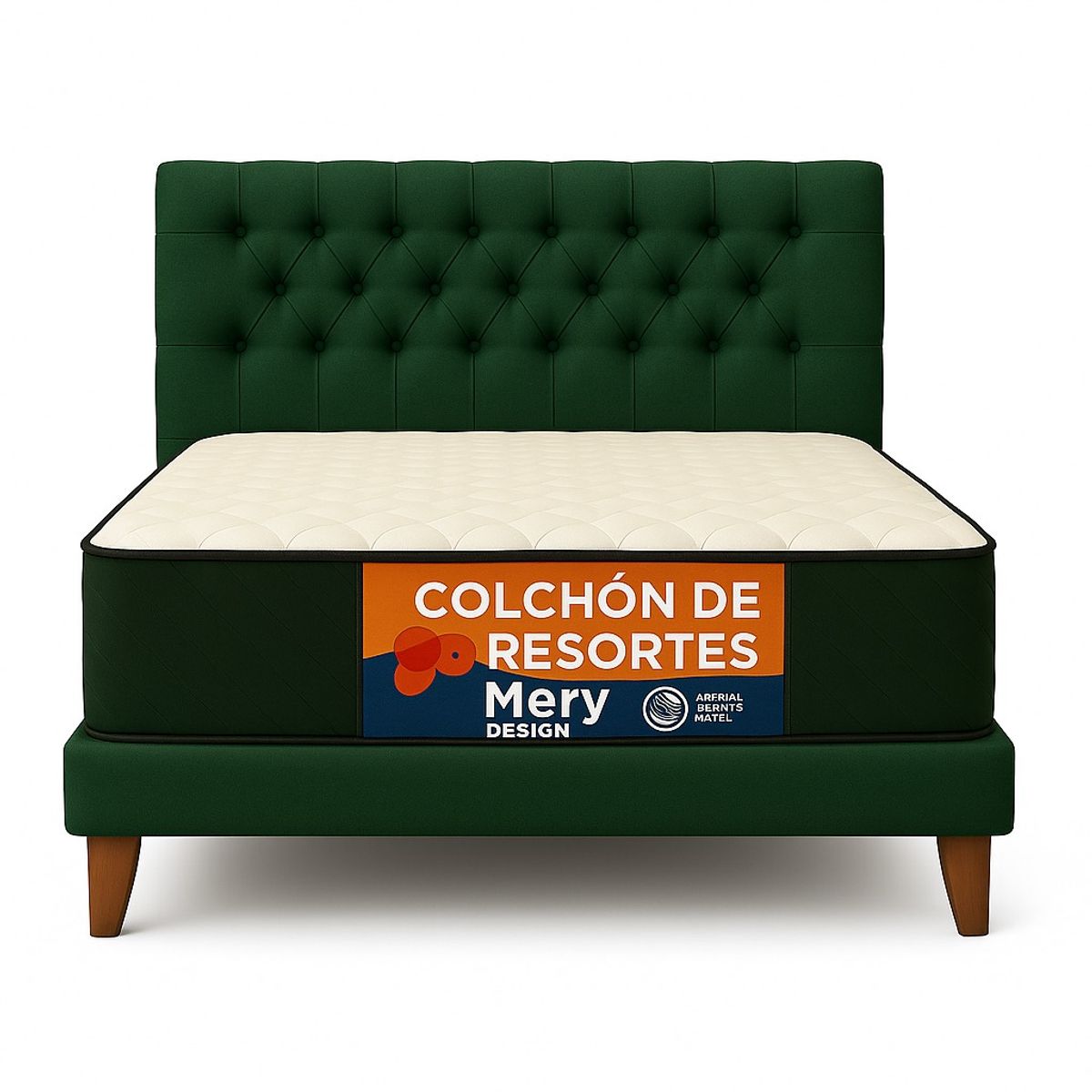 GENERICO - Cama Plaza y Media Verde Botella Tapizada en Lino Capitone con Colchón Mery Design