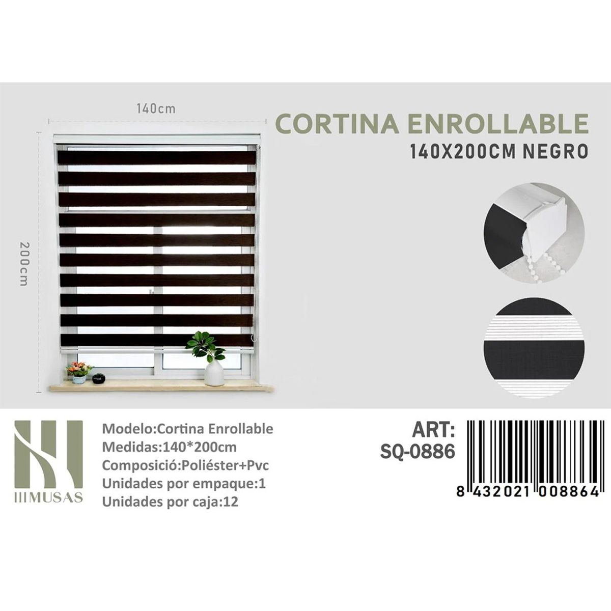 GENERICO - Cortina Roller Duo Lisa  140 x 200  Cm color  Negro