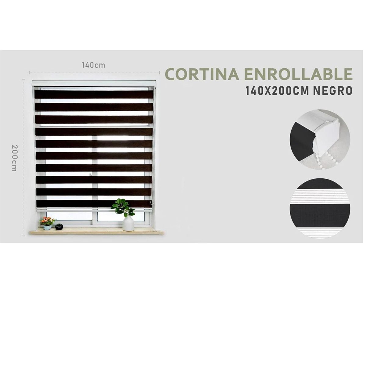 GENERICO - Cortina Roller Duo Lisa  140 x 200  Cm color  Negro