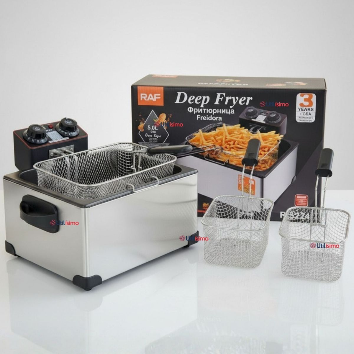 RAF - Freidora Aceite Eléctrica 5 Litros 2000W Acero Inoxidable