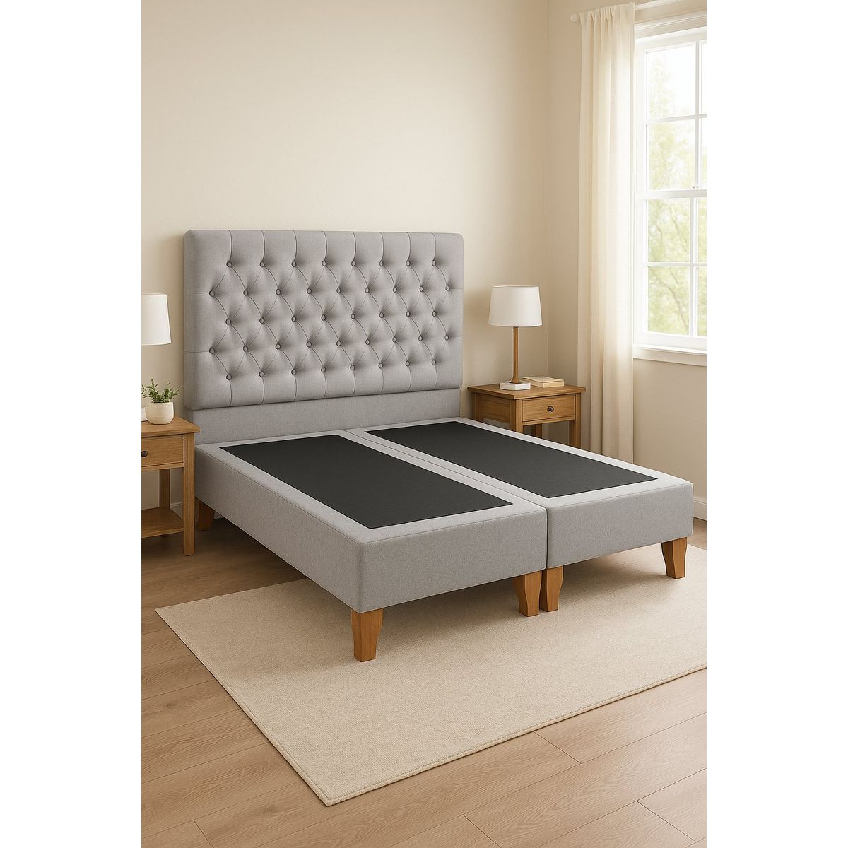 GENERICO - Cama 2 Plazas Capitoné Tapizada en Lino Color Gris Perla