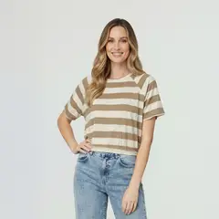 LINEATRE - Polera Mujer Paz Overside Cuello Bote Camel