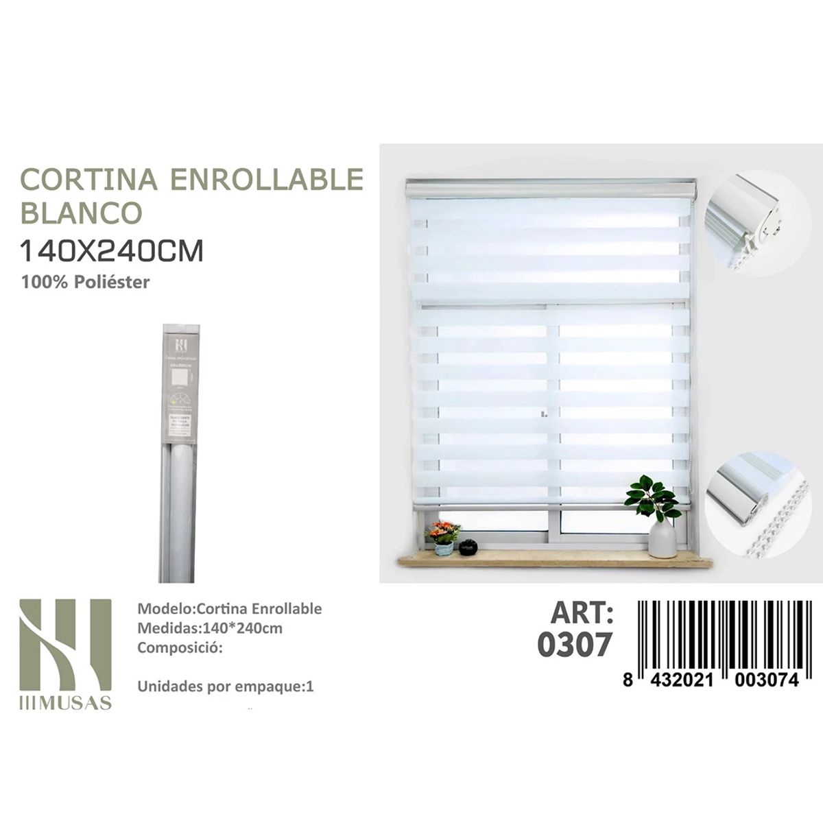 GENERICO - Cortina Roller Duo Lisa 140x240  Cm color Blanca