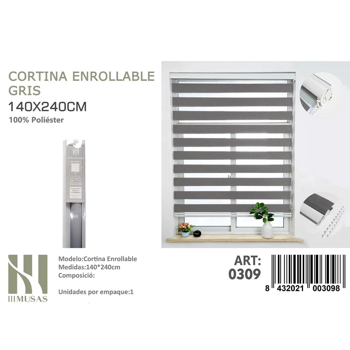 GENERICO - Cortina Roller Duo Lisa 140x240  Cm color Gris