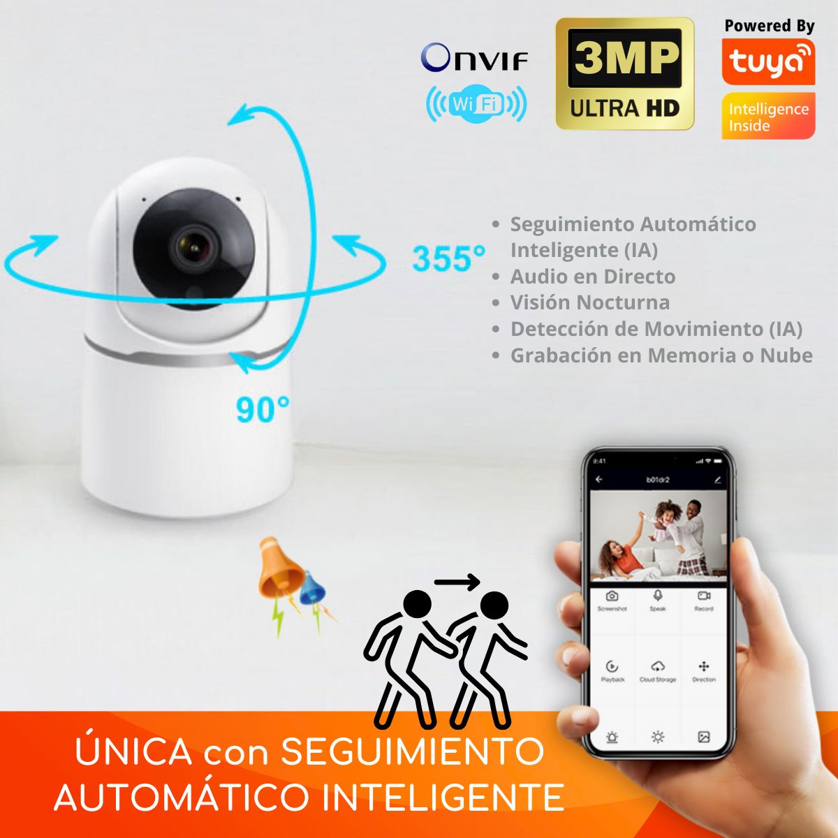 D MOTICA - Cámara Seguridad Wifi Inteligente 2K 3MP Audio Motorizada Auto Tracking