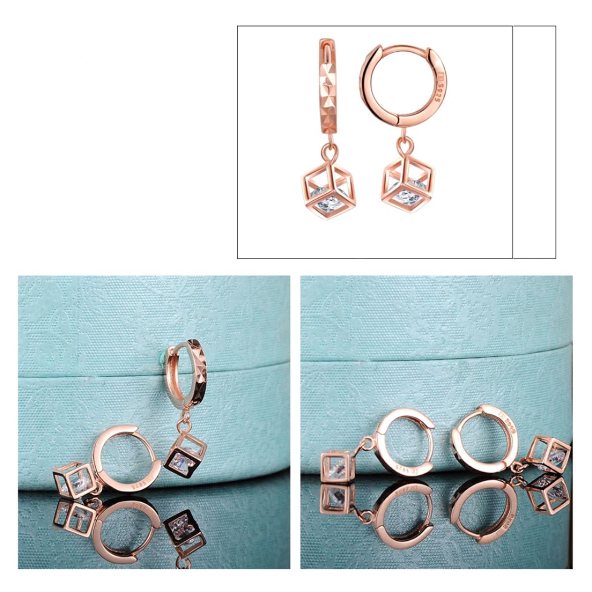 VOUSEZ - Aros plata 925 cubo circon oro rosa joya mujer