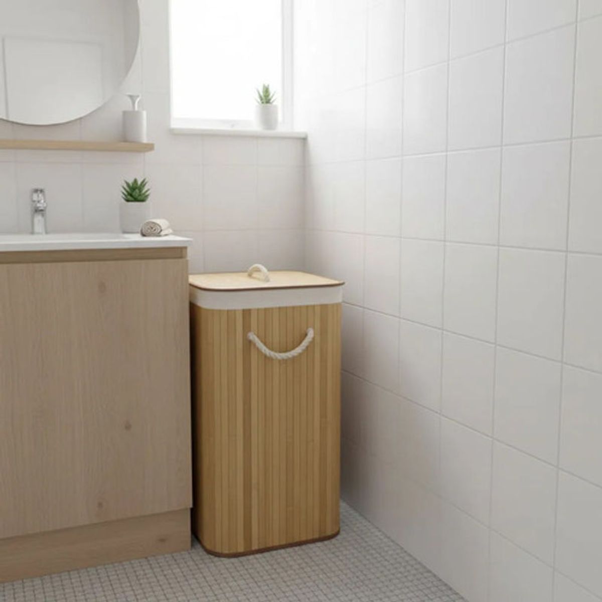 GENERICO - Canasto Ropa Sucia Bambu Rectangular Con Tapa 40x30x60cm Beige Lisa