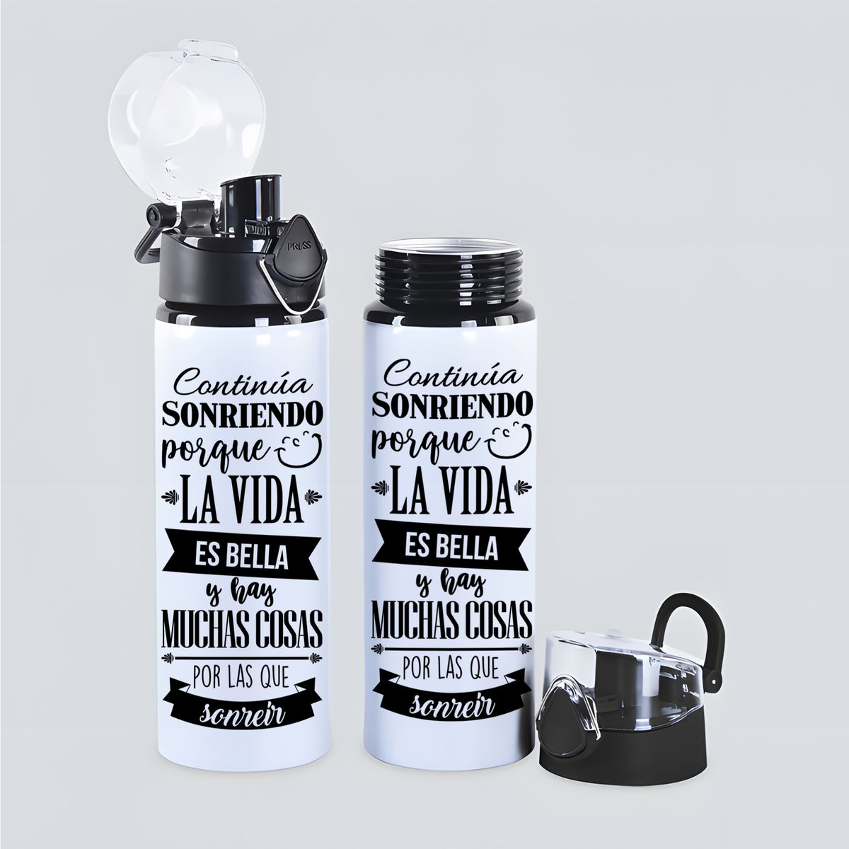 SM - Botella de Agua 750ml Motivacional Aluminio  Frase Positiva Sonríe Vida Botella Deportiva