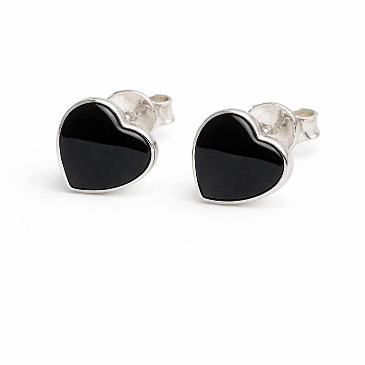 JIREH JOYAS - Aros Ónix Corazón Plata 950 Tornillo Mariposa Mujer Elegantes Piedra Negra